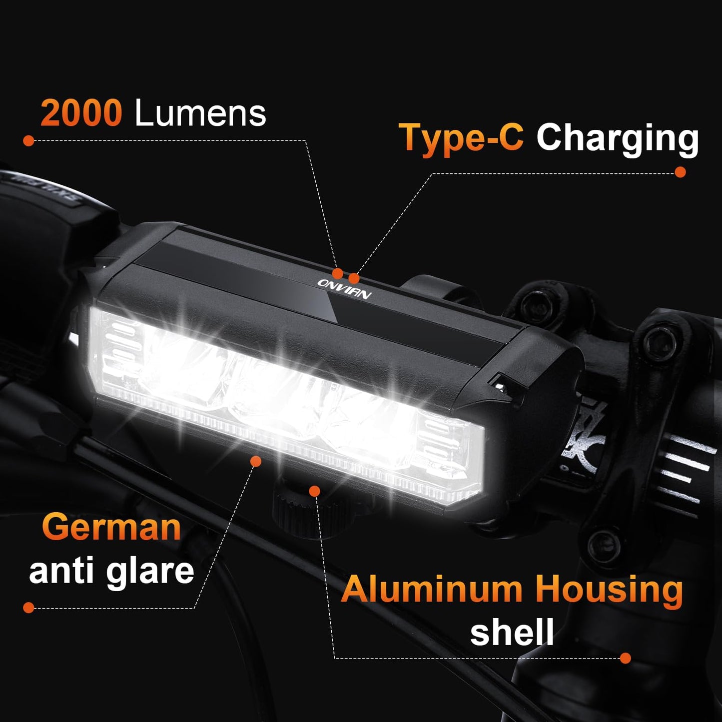 ONVIAN 2000 Lumen Bike Headlight Rechargeable, 4 LED Modes Bike Light for Night Riding, Sturdy Aluminum Alloy Installation for Bicycle Snowblower 4Wheelers Cycling MTB Headlights Handlebar Accessories
