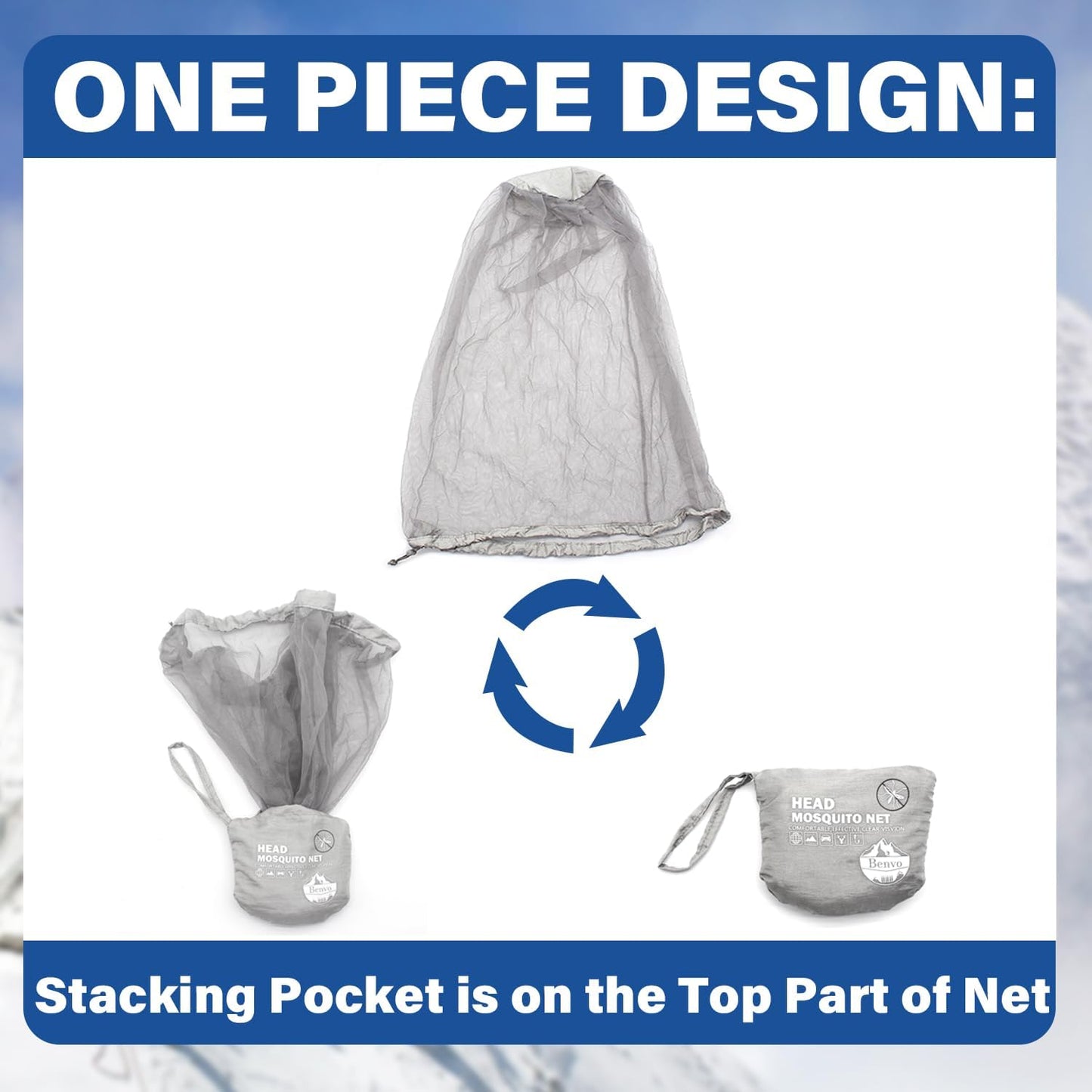Benvo Mosquito Head Net - Mesh Face & Neck Insect Shield for Fishing, Camping | 2pcs, Grey, Upgraded Design