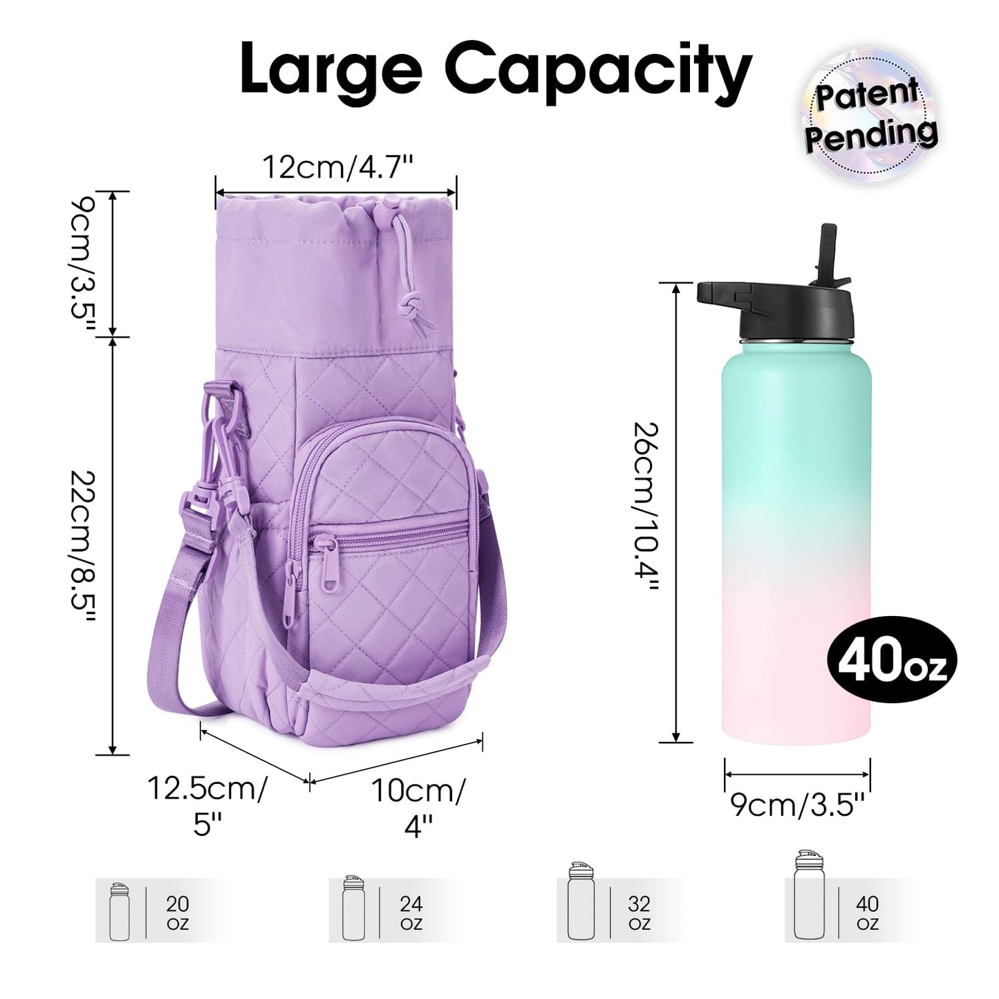 sportsnew Quilted Water Bottle Holder with Strap 32oz 40oz Insulated Quilted Water Bottle Pouch Carrier Sling Bag with Phone Pocket Water Bottle Sleeve for Walking Hiking, Quilt Purple Patent Pending