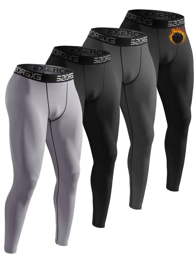 Mexholin 4 Pack Men's Thermal Compression Pants Fleece Lined Long Johns Winter Athletic Workout Leggings Baselayer Black/Dark Gray/Black/Gray L