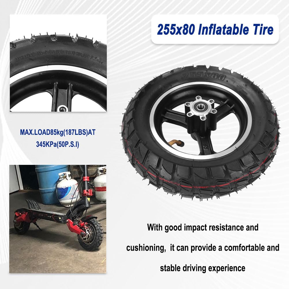 255x80 Scooter Tire with Hub 10 Inch Off Road Tyre Electric Scooter Tire with Inner Tube Non Slip Thickened Pneumatic Rubber Tyres Replacement for 80/65-6 10x3.0 Electric Balance Scooter