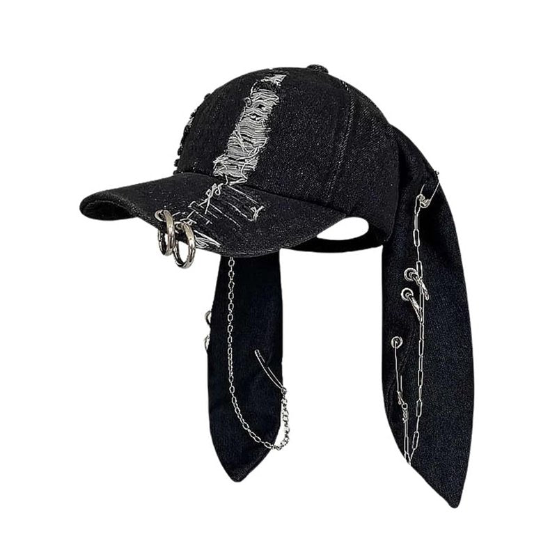 THESSNCE Y2k Hat Punk Hats Denim Bunny Hat Chains Distressed Baseball Cap Kpop Outfits Y2k Grunge Hats for Women