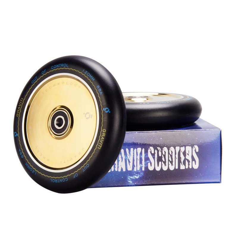 Graviti 1 Pair Pro Stunt Scooter Wheel 120mm Hollow Wheels with Abec 9 Bearings for MGP/Razor/Lucky/Envy/Vokul Scooter (2pcs) (Black PU Gold Core).
