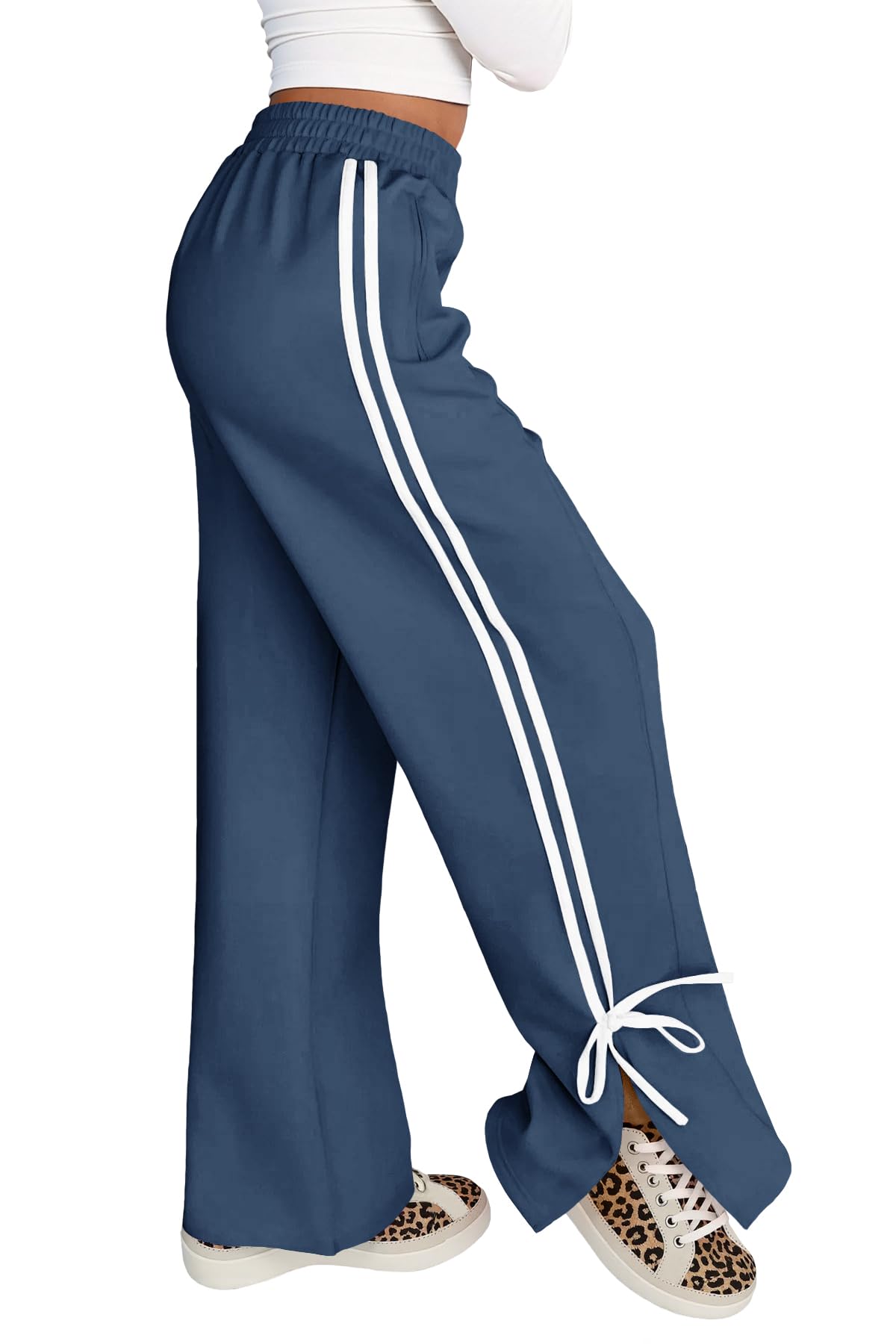 Fisoew Womens Wide Leg Sweatpants High Waisted Side Slit Lounge Travel Track Pants Striped Baggy with Pockets Navy