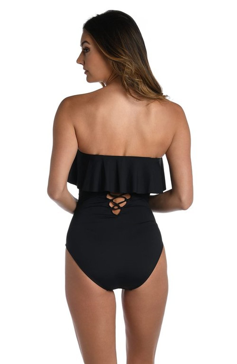 La Blanca Women's Standard Island Goddess Ruffle Bandeau One Piece Swimsuit, Black, 6