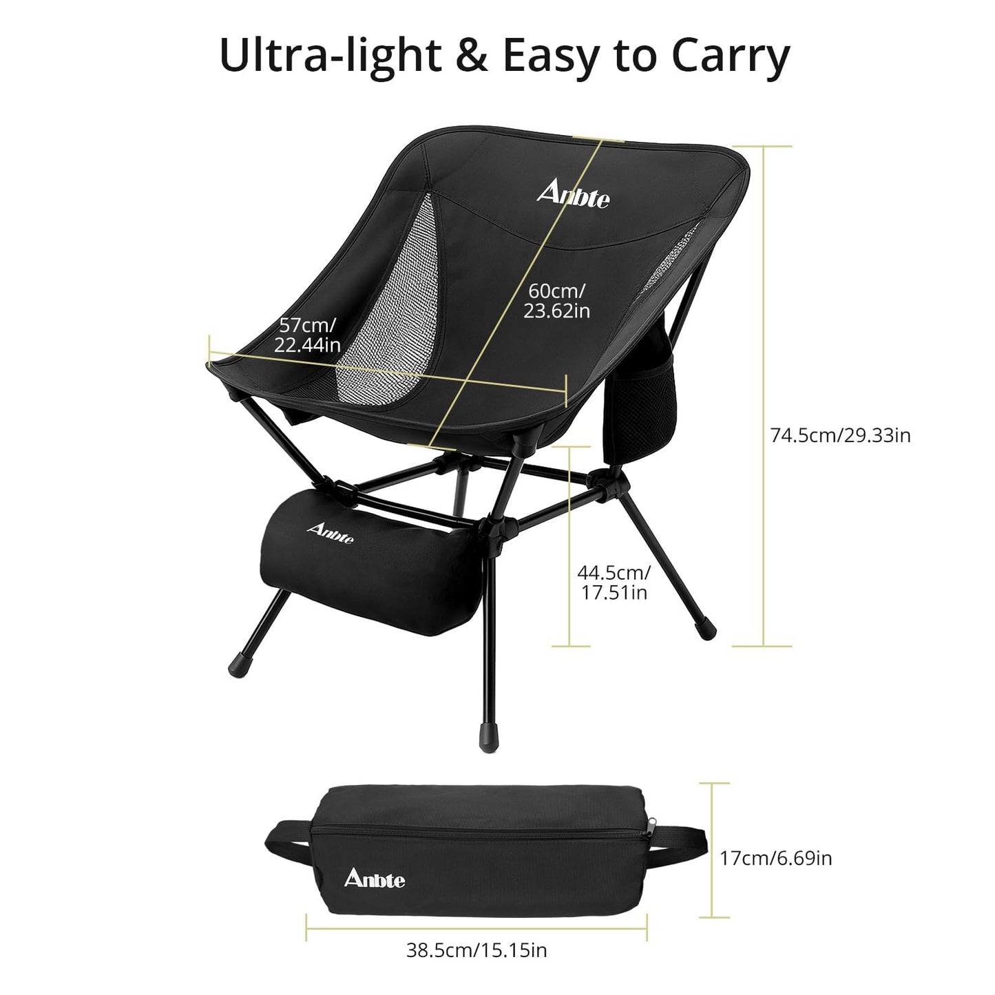 Anbte Extra Height & Width Portable Camping Chair, 400LBS Capacity Compact Folding Chair with Square Frame Quick Setup Storage Bags on Both Sides, Ideal for Camping Hiking Beach Picnic Outdoor, Black