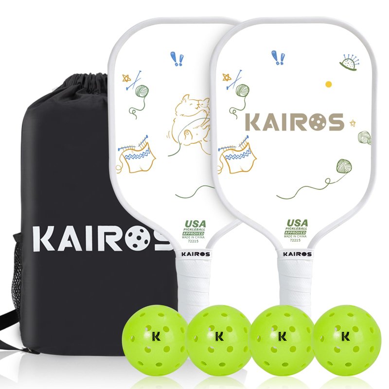 KAIROS Pickleball Paddles, USAPA Approved Pickle Ball Set with 2 Rackets 4 Pickle Balls, Non-Slip Grip Fiberglass Surface Pickleball for Beginners (White)