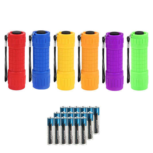 Whaply Small Mini Flashlights Pack of 6,Assorted Colors,New Type Cob Light,with 18 AAA Battery (6 Pack)