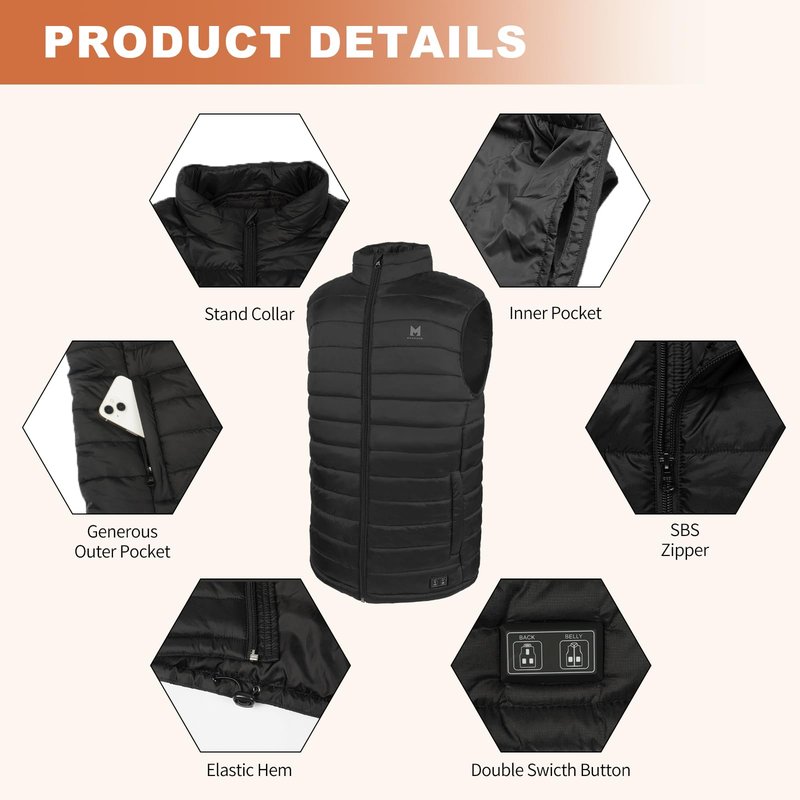 MRAWARM Heated Vest, Lightweight Electric Heated Vest for Men Women wiht 6 Heating Zone and 3 Temperature