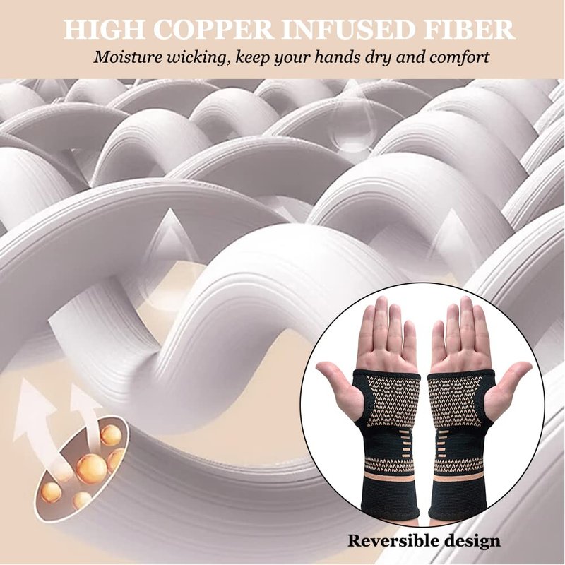 Copper Wrist Compression Sleeves(2PCS), Elastic Wrist Support Sleeve Wrist Brace for Tendonitis, Arthritis, Sprains Pain Relief, Breathable Carpal Tunnel Hand Brace for Sport, Fitness, Workout, Typing