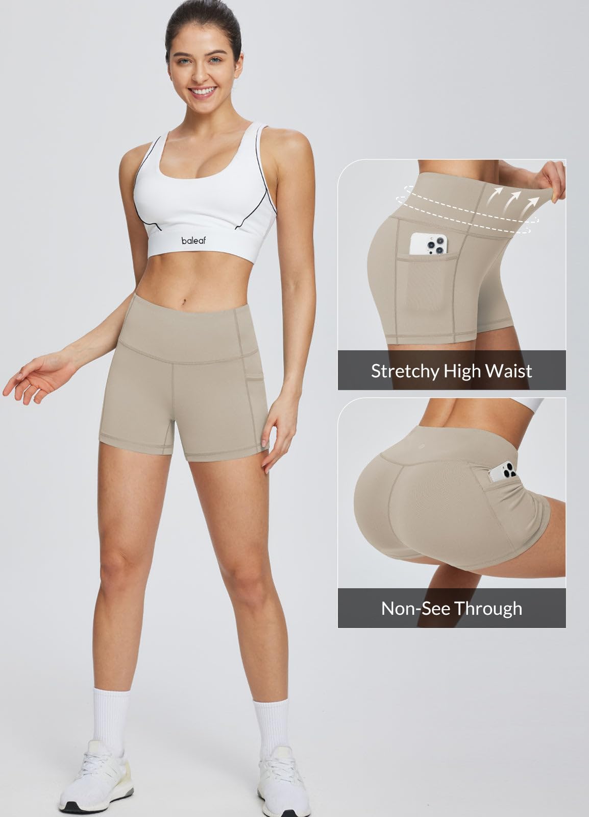 baleaf Gym Shorts Women 3" Biker Workout Yoga Spandex Running Volleyball Tummy Control Compression with Pockets Khaki L