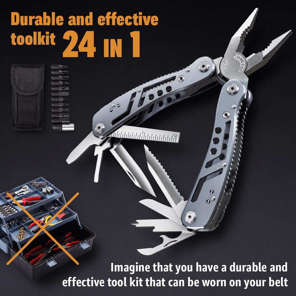 Multitool 24-in-1 with Mini Tools Knife Pliers and 11 Bits - Multi Tool All in One Multi Function Gear for Men Best Multi-tool Kit for Work EDC Camping Backpacking Survival - Great Gift for Men 2238