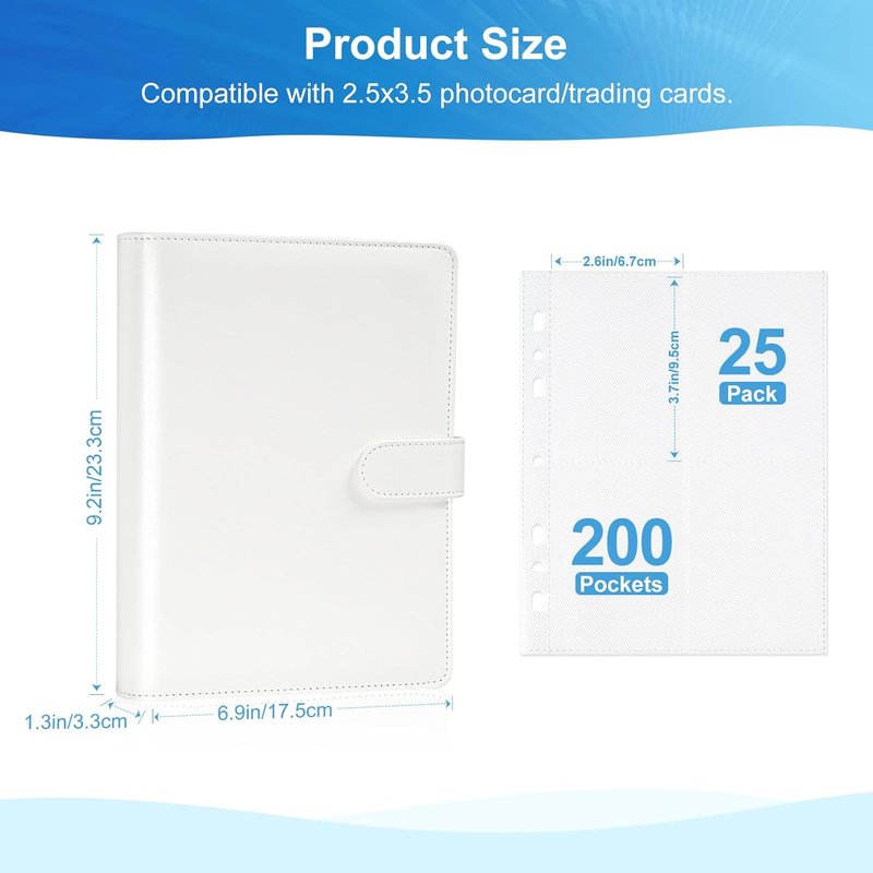 Refillable A5 Photo Album - PU Leather 200 Pocket Binder for Fujifilm Instax Mini & Polaroid Cameras | White