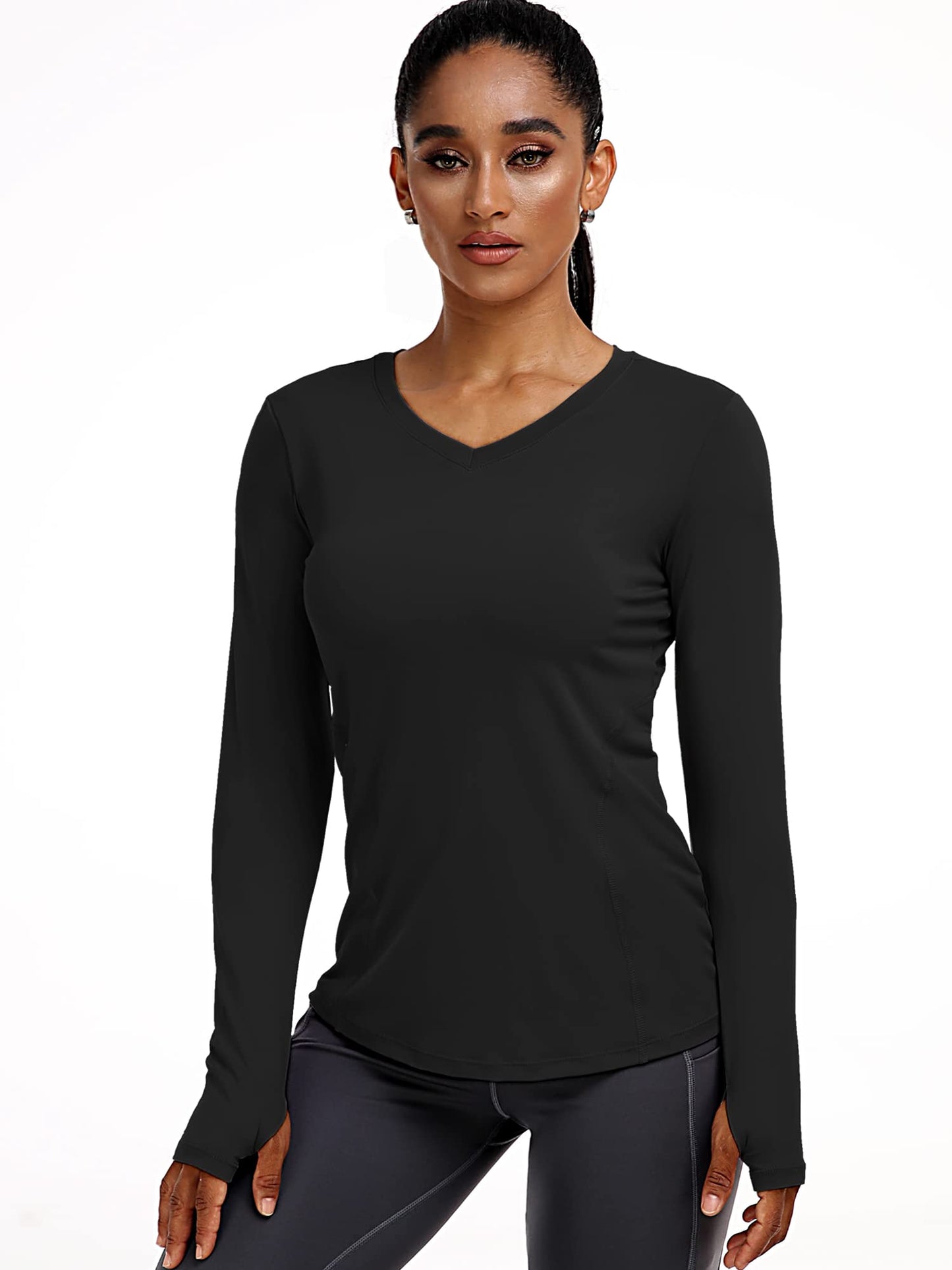 CADMUS Women's V-Neck Workout Shirts Long Sleeve Yoga Top Athletic Running T Shirt,Black, Grey, Navy Blue,Medium
