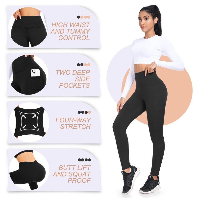 FULLSOFT 4 Pack Fleece Lined Leggings with Pockets for Women High Waisted Thermal Winter Warm Yoga Pants for Workout Running Plus Size(Black,Grey,Brown,White(4 Pack),Large-X-Large)