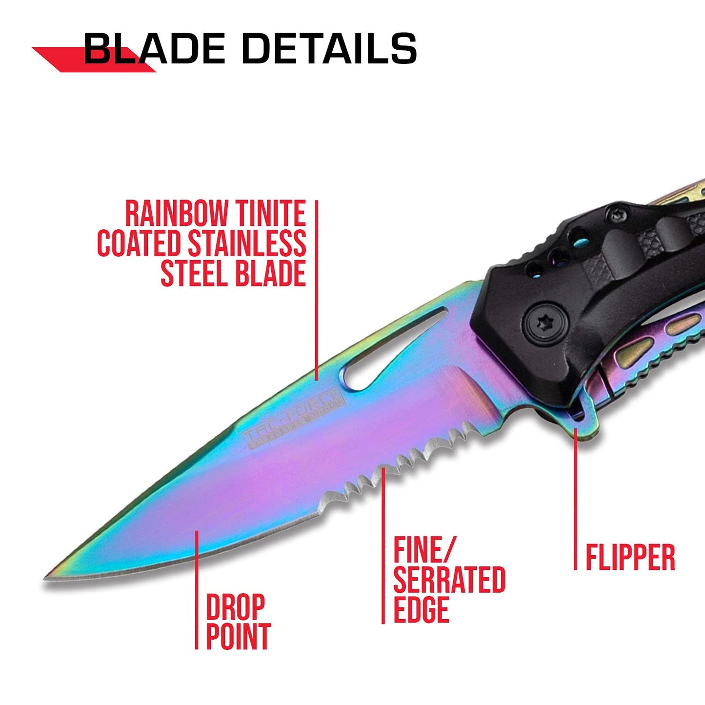 TAC Force Spring Assisted Folding Pocket Knife – Rainbow TiNite Coated Stainless Steel Blade with Black Aluminum Handle, Bottle Opener, Glass Punch and Pocket Clip, Tactical, EDC, Rescue - TF-705RB