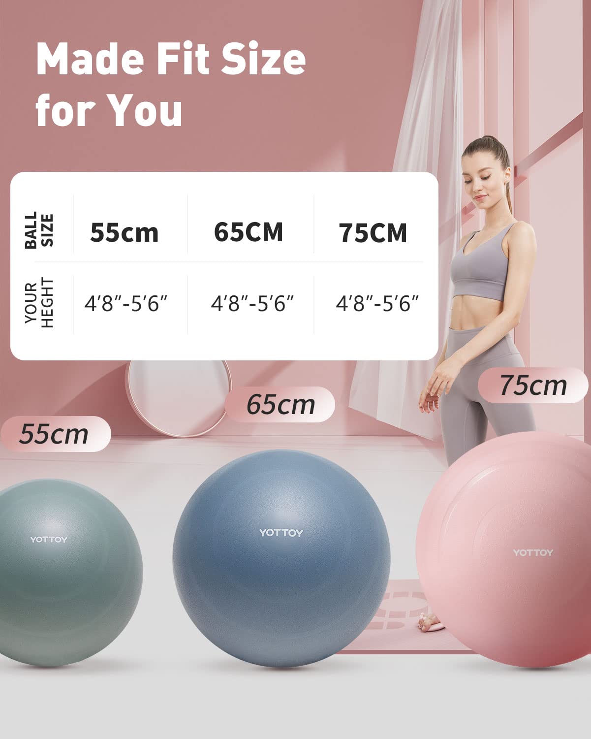 YOTTOY Anti-Burst Exercise Ball for Working Out, Yoga Ball for Pregnancy,Extra Thick Workout Ball for Physical Therapy,Stability Ball for Ball Chair Fitness with Pump (Green)