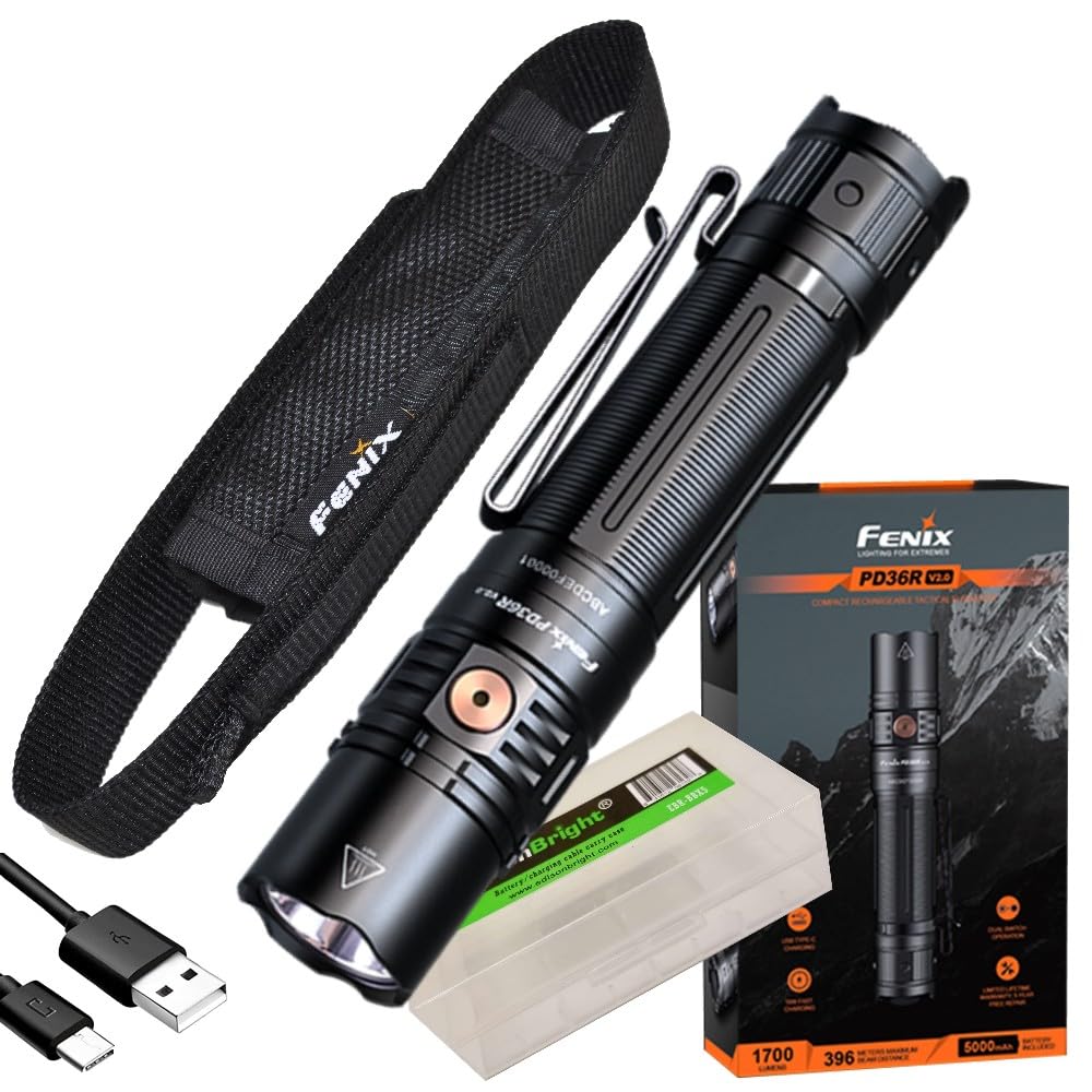 Fenix PD36R V2.0 1700 Lumen Rechargeable LED Tactical Flashlight, Battery, Holster, EdisonBright Accessory case Bundle