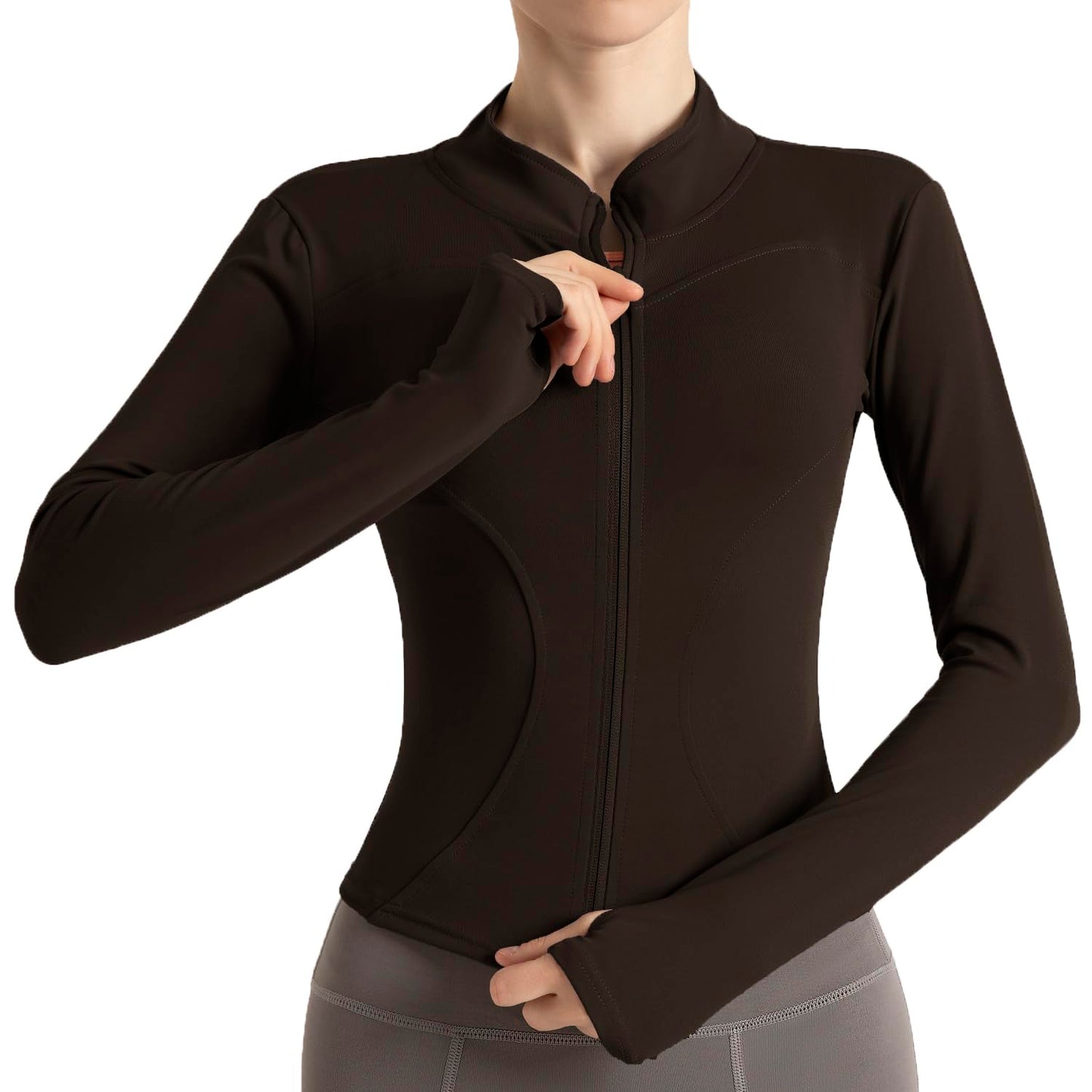 Ncvtang Women's Cropped Lightweight Stretchy Running Track Jackets Full Zip Slim Fit Athletic Tops with Thumb Holes(Coffee,XS)