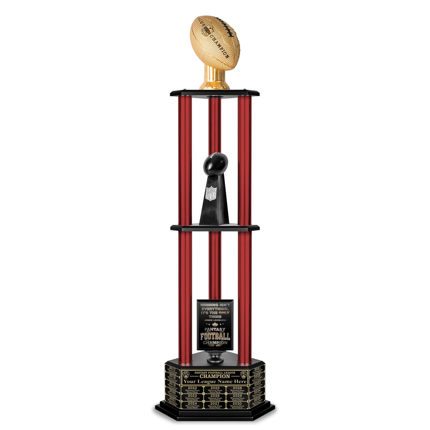 TrophySmack Perpetual Fantasy Football Trophy - Customizable Championship Trophy Award Winner | Free Engraving up to 19 Years Past Winners, 56 Inch Tall (Red Gold)