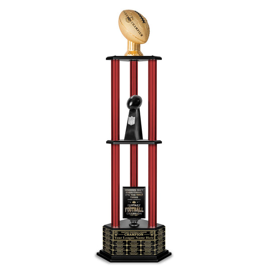 TrophySmack Perpetual Fantasy Football Trophy - Customizable Championship Trophy Award Winner | Free Engraving up to 19 Years Past Winners, 56 Inch Tall (Red Gold)