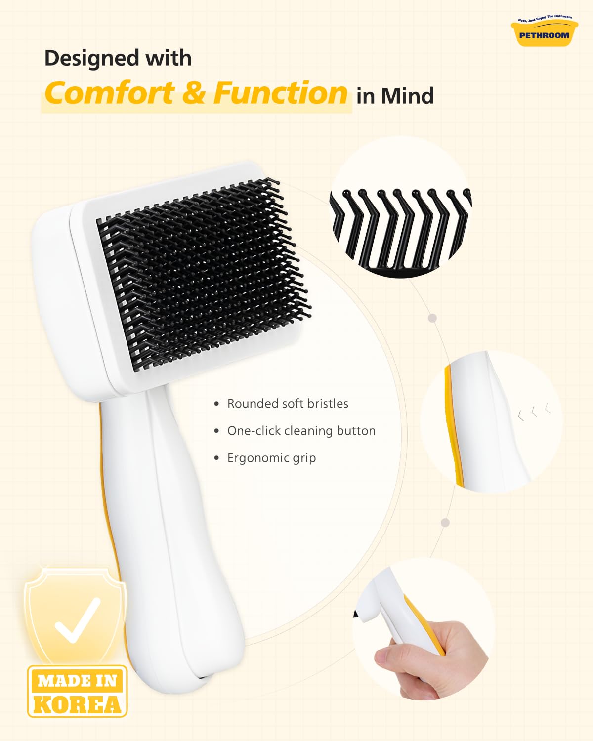 PETHROOM Self-Cleaning Slicker Brush for Dogs & Cats – Gentle Grooming & Deshedding Tool, Removes Mats & Tangles, Skin-Friendly Coated Tips, One-Touch Hair Removal Button