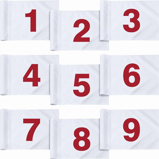Oudain 9 Pieces 20''L x 14''H Large Numbered Golf Flags with Tube Inserted Oversize Putting Flags Number 1-9, 420D Nylon Flag for Yard Indoor Outdoor Backyard Garden(White)