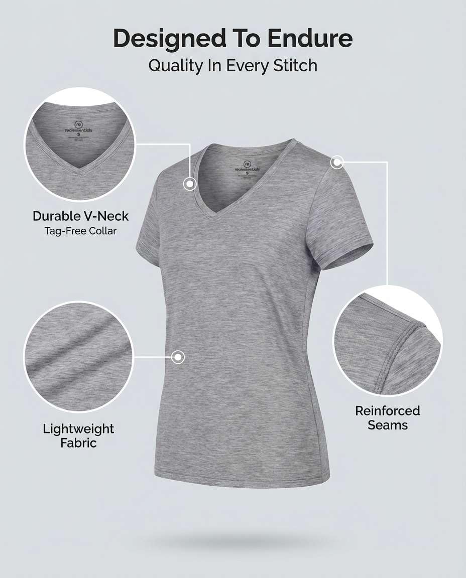 Real Essentials 5 Pack: Women's Dry-Fit Short Sleeve V Neck T Shirt Workout Fitness Yoga Top Tee, Set 8, XL