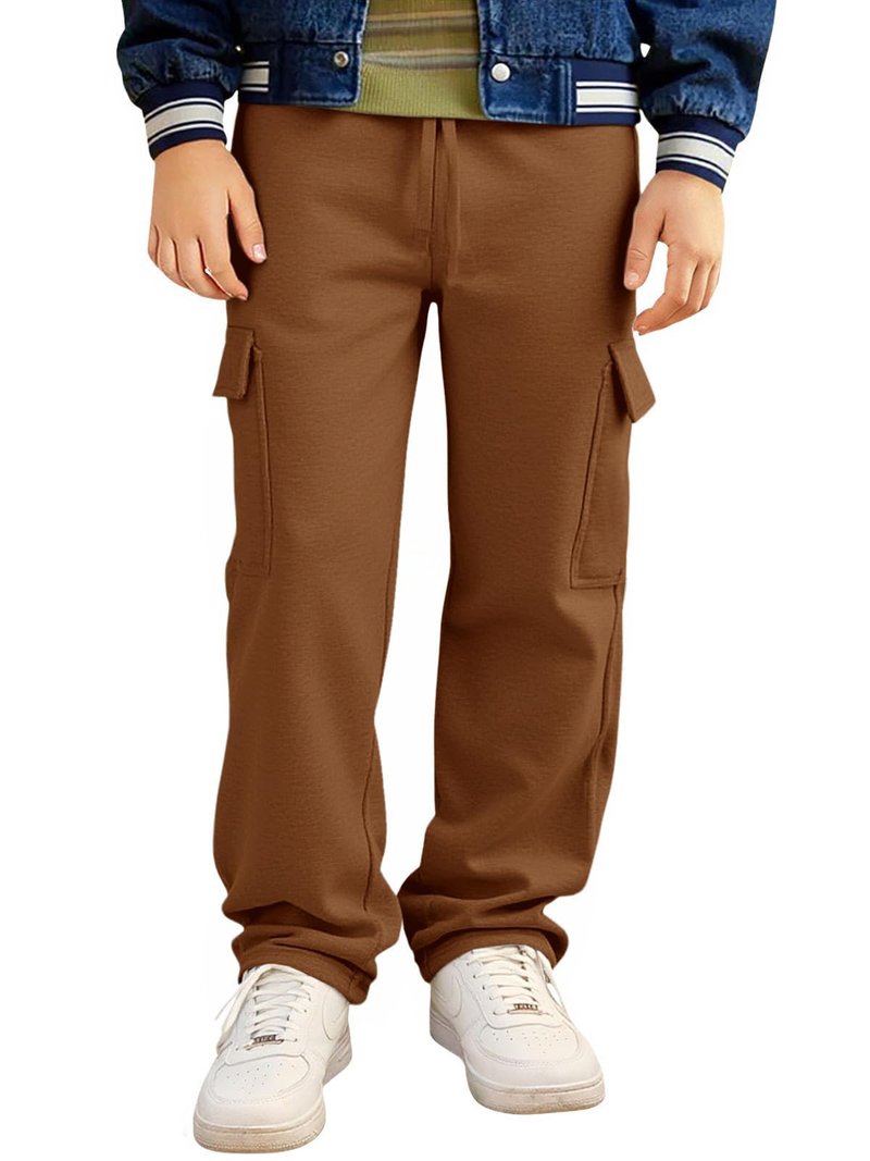 Haloumoning Boys Fleece Cargo Sweatpants Kids Athletic Wide Leg Joggers with Open Bottom and Drawstring & Pockets Brown