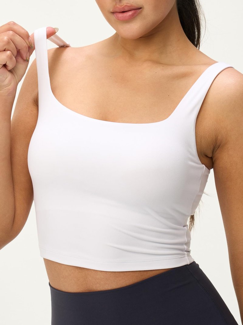 Omwilddo Womens U Neck Longline Padded Sports Bra Crop Tank Top Supportive Wide Straps Yoga Workout Bras,Light Compression White M