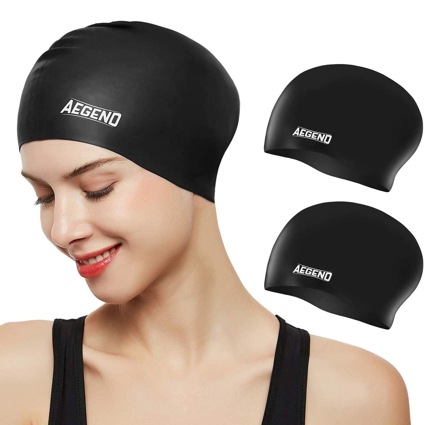 Aegend Swim Caps for Long Hair (2 Pack), Durable Silicone Swimming Caps with Spacious Space for Women Men Adults, Easy to Put On and Off, Black