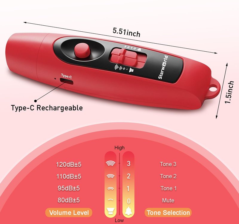 StarWorld Rechargeable Bear Horn - 120dB Electronic Air Horn for Bears with 4 Volume Levels & 3 Tones, Audible 0.5 Miles, LED Safety Light for Hiking, Camping, Wildlife Defense (red)