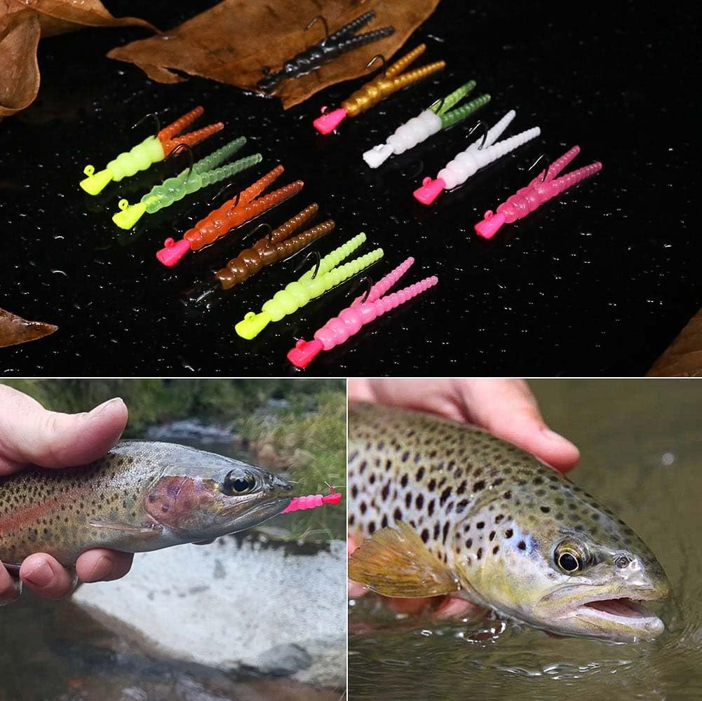 Trout Fishing Lure Kit - 165-Piece Set with Split Tail Grub Worms, Shad Dart Jig Heads & Floats | Ideal for Creek & River Fishing