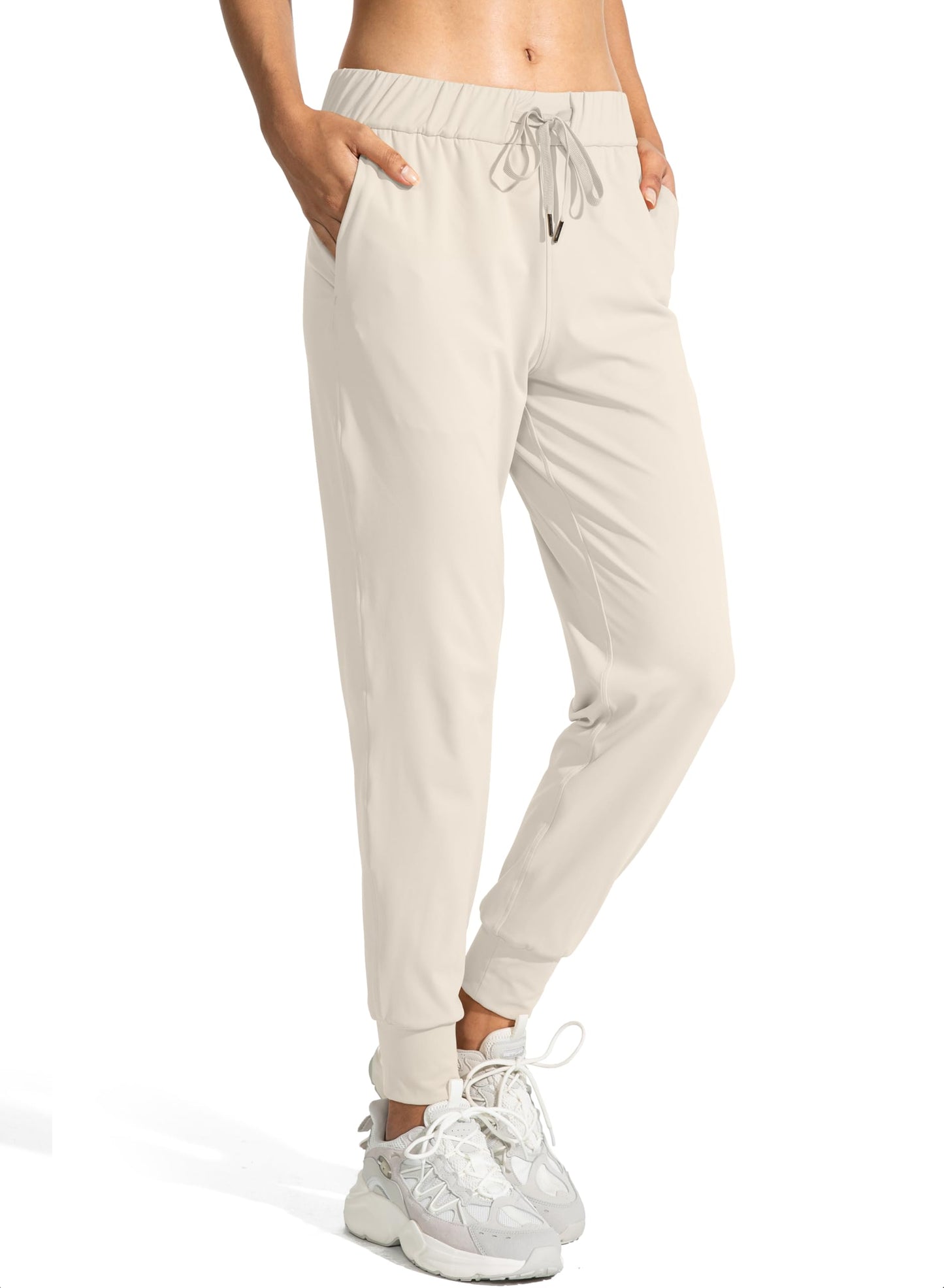 SANTINY Joggers for Women Lightweight Running Drawstring Sweatpants Workout Travel Yoga Athletic Womens Lounge Pants with Pockets(Beige_L)