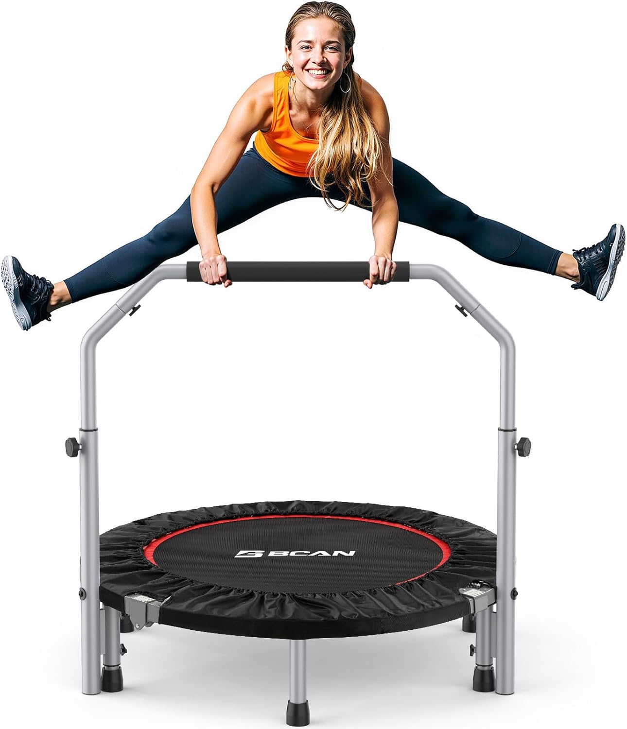 BCAN Foldable Mini Trampoline - Max Load 440lbs, Adjustable Foam Handle for Indoor & Garden Workouts | Fitness Rebounder