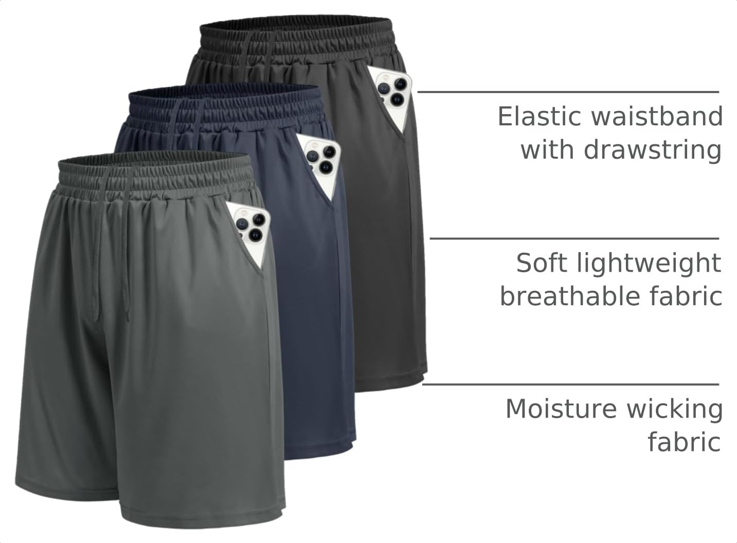 LalaHooK 3 Pack Athletic Gym Mens Shorts - Casual Black Quick Dry Basketball Shorts with Pockets for Workout Running