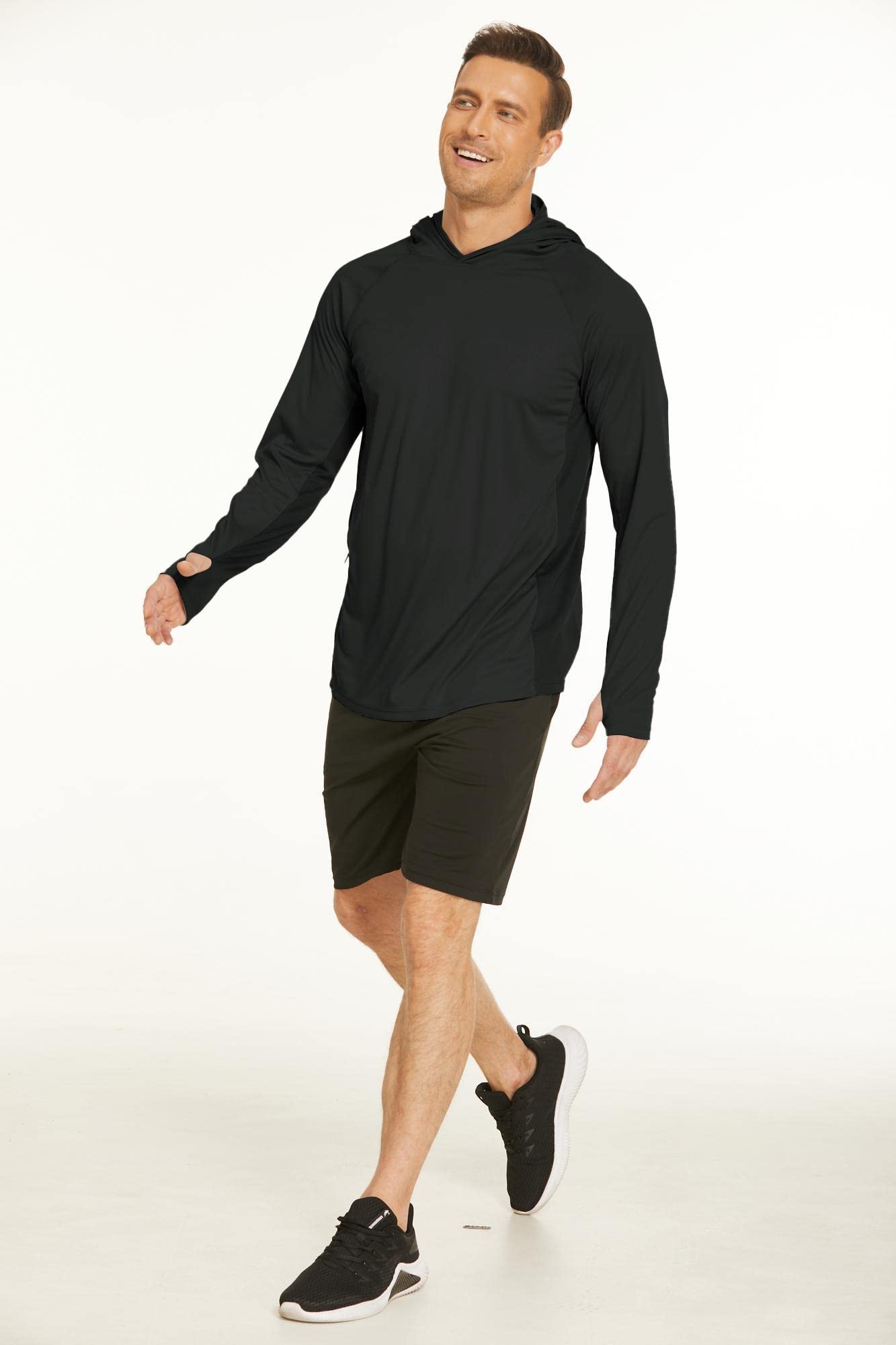 COOrun Men's Hooded Sun Shirts with Mask Fishing Shirts for Men Long Sleeve UPF 50 Rash Guards Cooling Hoodies Hiking Shirts Solid Black
