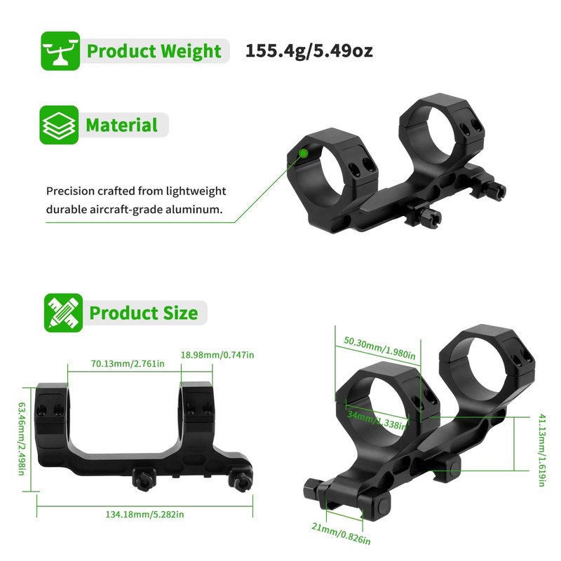 ToopMount 34mm Scope Mount, Offset Dual Ring One-Piece 34mm Scope Mount, High Profile Cantilever Picatinny Scope Mount Fit 21mm Picatinny Rail, 1.62 inch Center Height, for 34mm Diameter Scope Tube