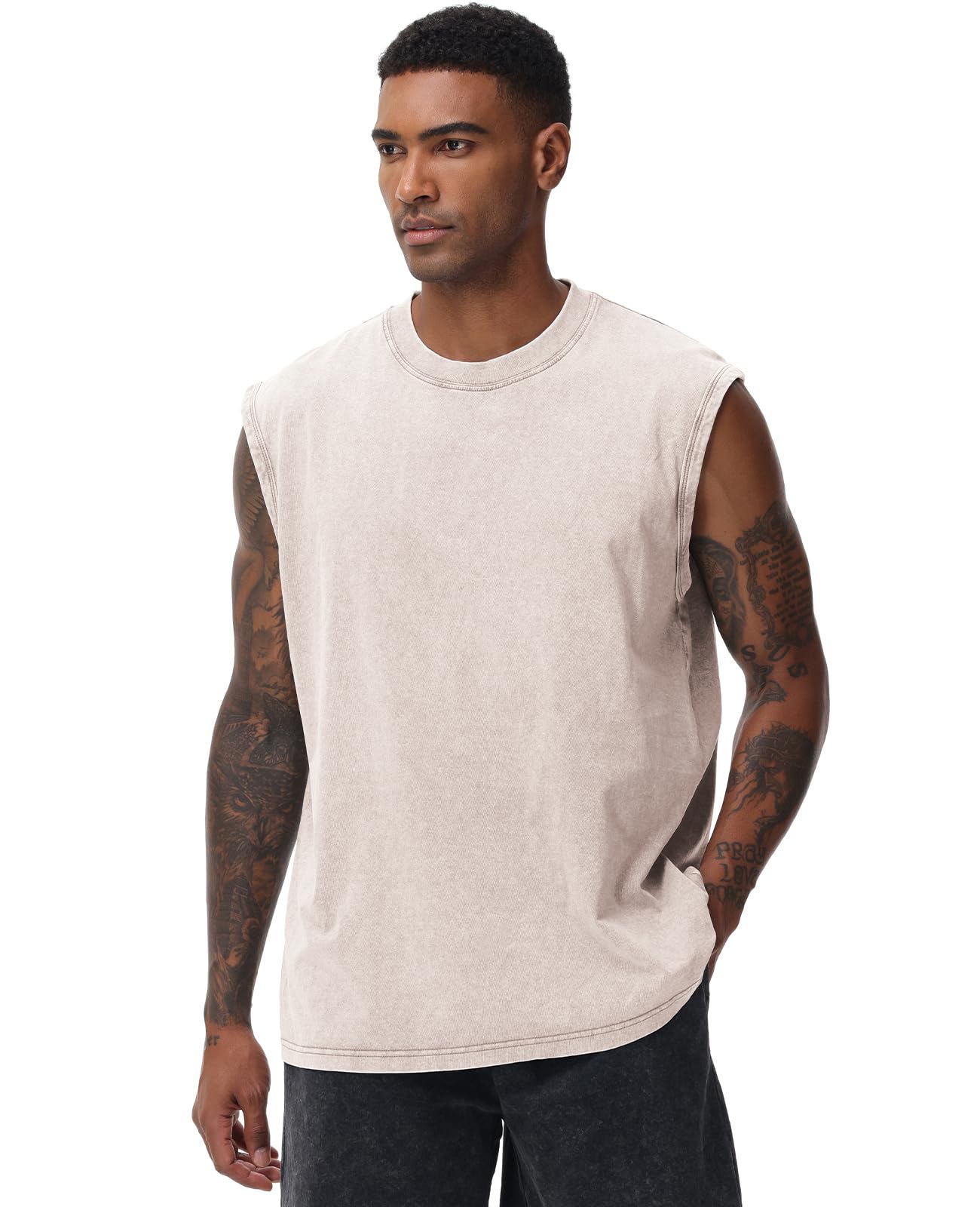 SnowElve 4 Park Mens Workout Tank Tops Sleeveless Tee Shirts Men Muscle Shirt Gym Acid Wash T Shirts Running Beach Loose Fit Tee(BGBUGYBK,L)