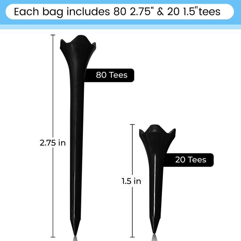 All Teed Up Premium Plastic Golf Tees - Black- 2.75 & 1.5 Inch Plastic Combo Pack