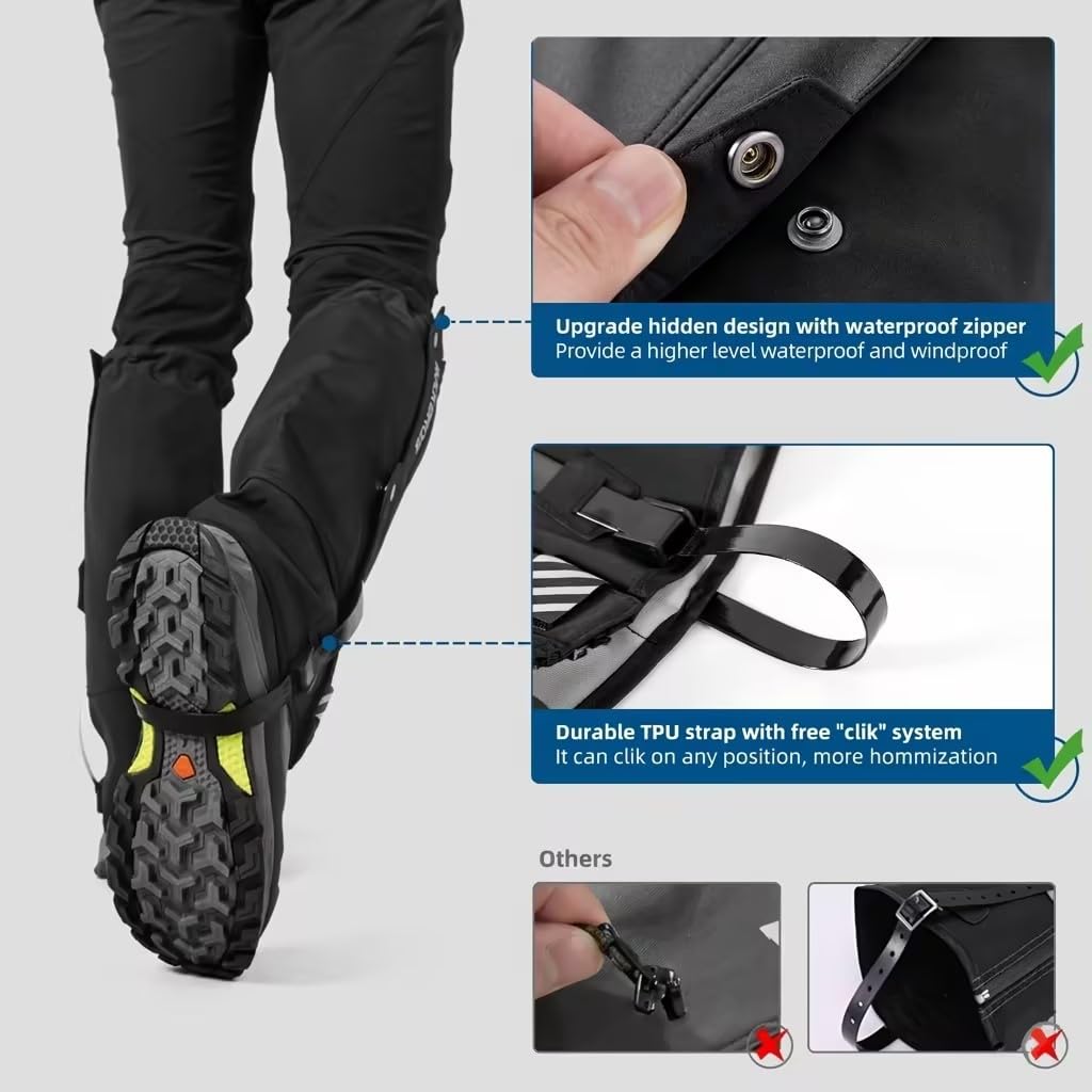 ROCKBROS Snow Boot Leg Gaiters for Hiking Waterproof Leg Gaiter for Skiing Walking Snow Boot Gaiters Tear Resistant Adjustable Gaiters