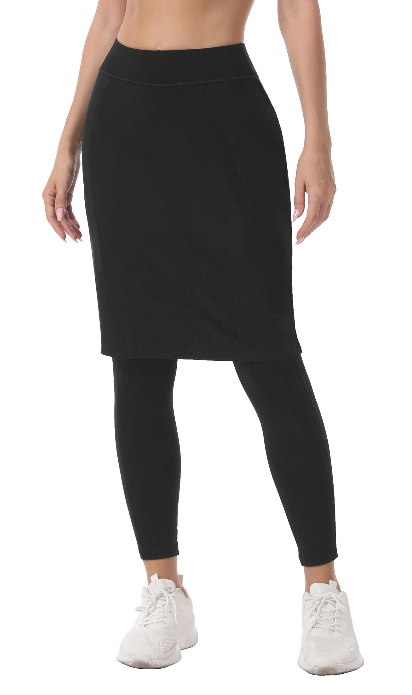 HOKOYI Women 23" Athletic Knee Length Skirt with Full Leggings Attached Pockets Workout Modest Skirted Capris bk m Black