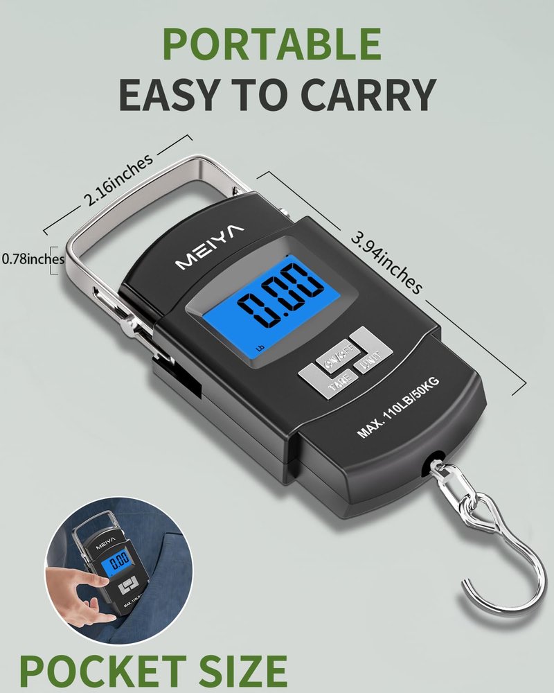 Digital Fishing Scale - 110lb/50kg Capacity, Backlit LCD & Stainless Steel Hook | Portable Fishing Gear for Men