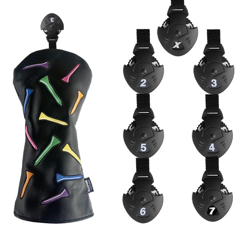 ROYMADE Golf Club Covers Set Colorful Tees Design Driver Covers Fairway Wood Cover Hybrid Cover Leather Golf Wood Head Cover (Color T Black (DR+FW+UT 4pcs))