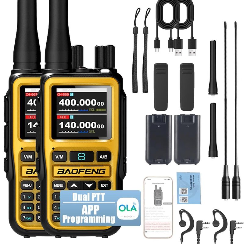 BAOFENG UV-5R Mini Ham Radio Long Range Handheld Two Way Radio, Bluetooth APP Programming Walkie Talkies 2 Pack, 999CH One-Key Copy Frequency, NOAA Weather, USB-C Charging, Dual-Band, Yellow