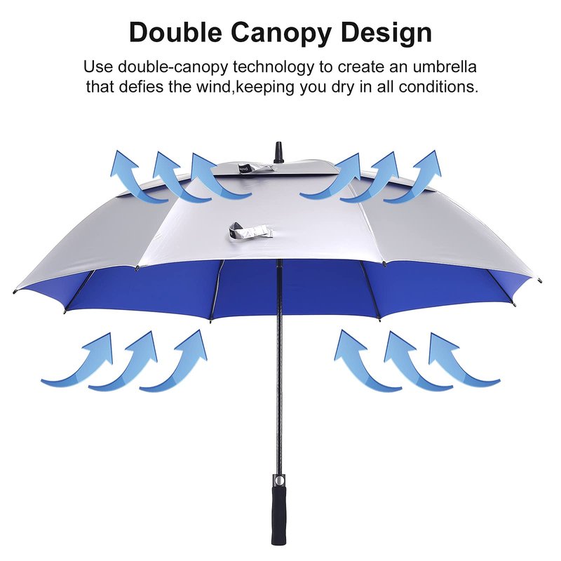 Doubwell UV protection golf umbrella 62/68 Inch UPF 50+ large umbrella automatic open windproof sturdy construction shade for blocking sun and rain (68 inch, Silver/Blue)