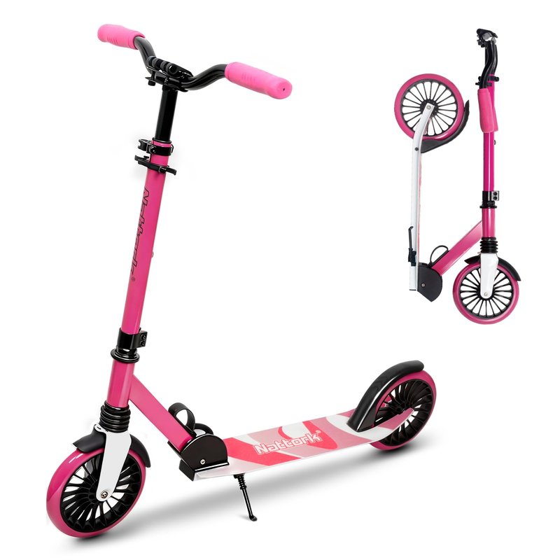 Nattork Kick Scooter for Teens Adults, Max Load 240 LBS, Adjustable Height Foldable with 8" Large Wheels, Anti-Shock Suspension Hot Pink