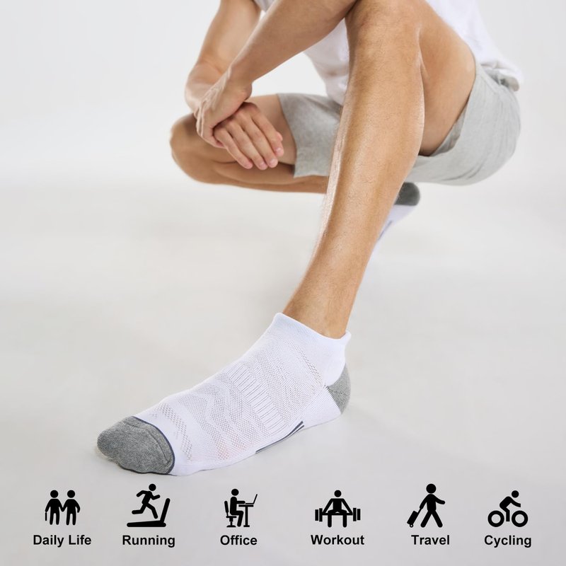 FITRELL 6 Pack Ankle Running Socks for Men and Women Low Cut Cushioned No Show Athletic Sports Compression, Shoe Size 9-12, New White