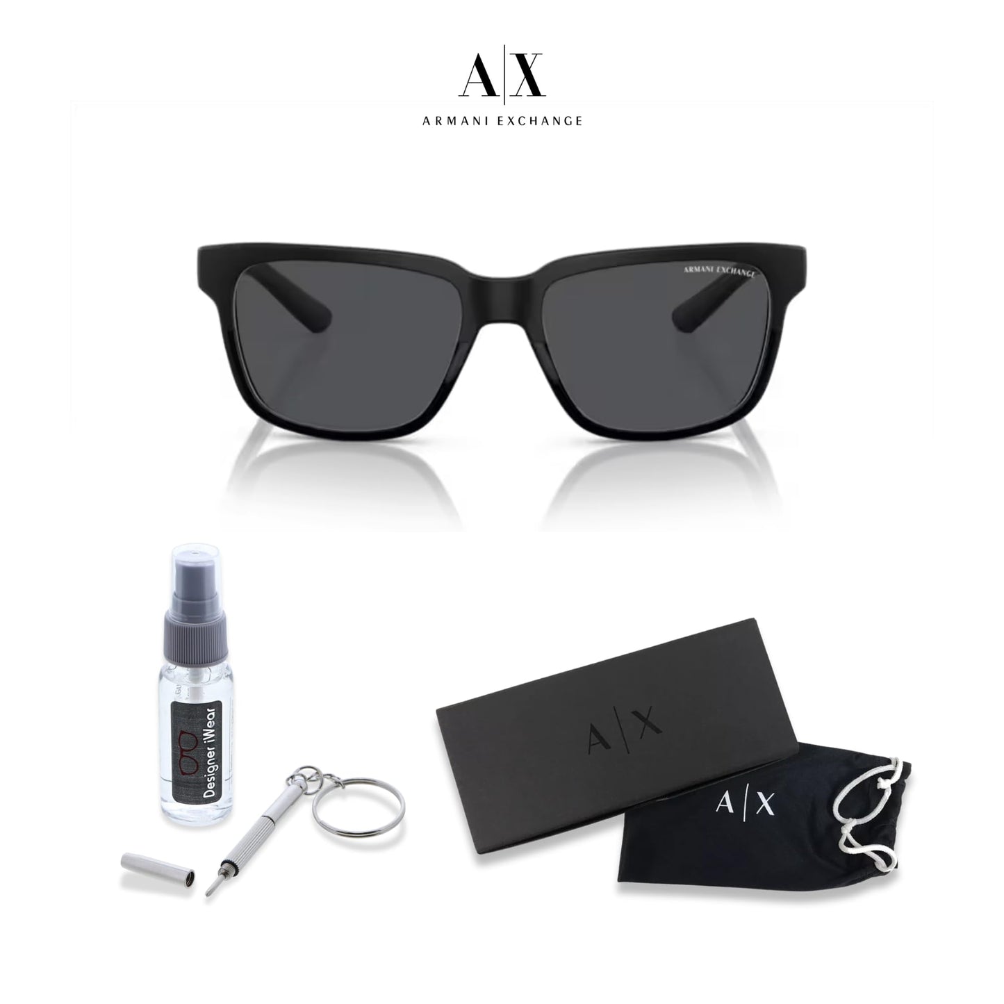 Armani Exchange A|X AX4026S 812287 56M Matte Black/Glossy Black/Grey Solid Square Sunglasses for Men for Women+Bundle with Accessory Eyewear Kit
