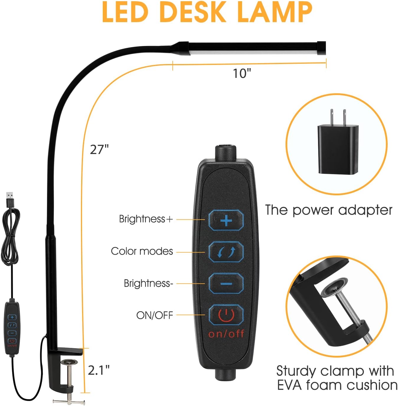 LED Desk Lamp with Clamp - Eye-Caring Clip-On Light for Home Office | 3 Modes, 10 Brightness Levels, Flexible Goose-Neck, Metal, Black